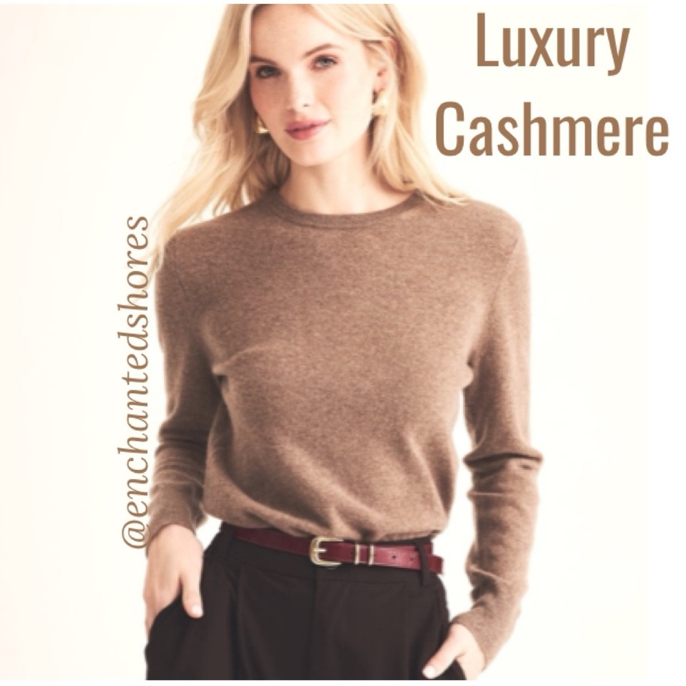 Luxury Cashmere Sweater Cozy Classic Round Neck Elegant Taupe Tan Brown Size XL